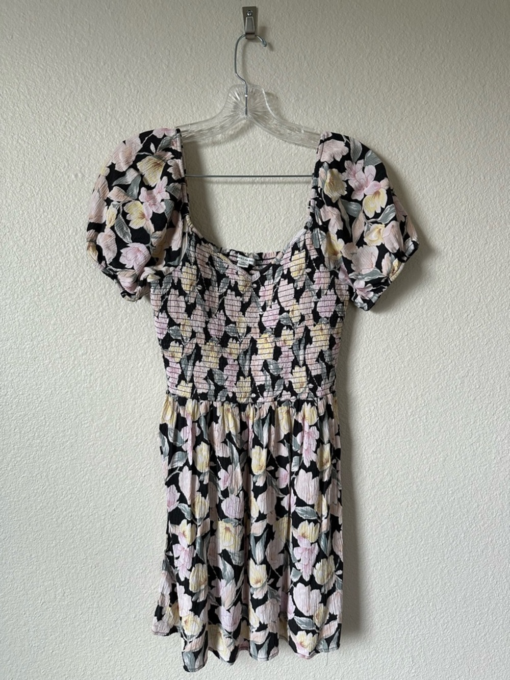 American Eagle Floral Smocked Puff Sleeve Mini Dress Black Size S
